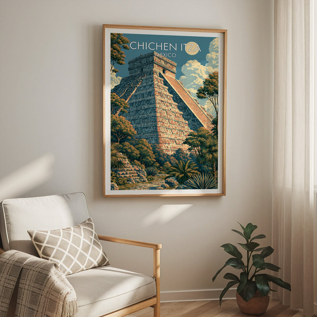 Chichen Itza wall art in an oak frame above a cream armchair with check cushion, curtain and rubber plant