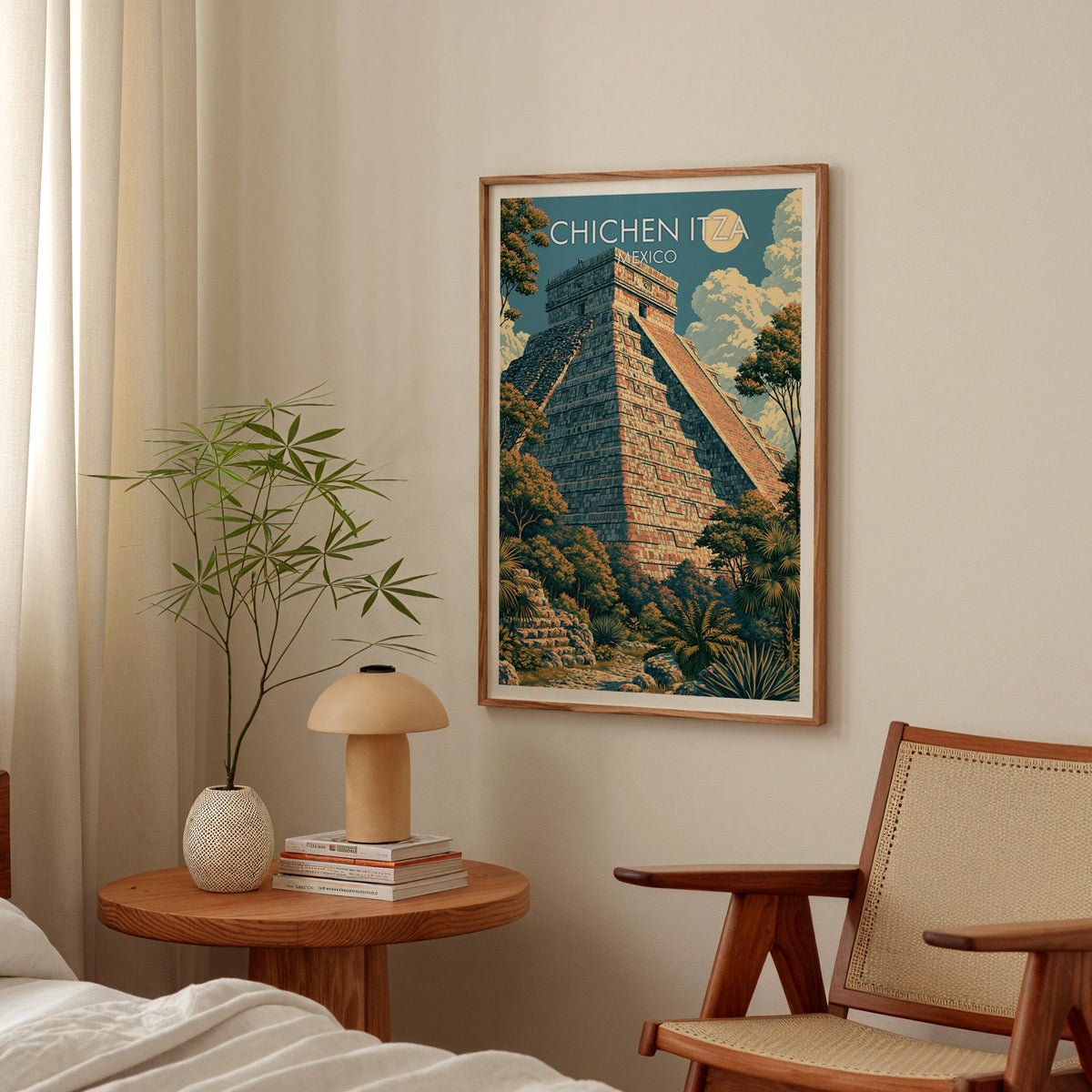 Palms and limestone steps in an oak frame in a bedroom above a bedside table with a mushroom lamp