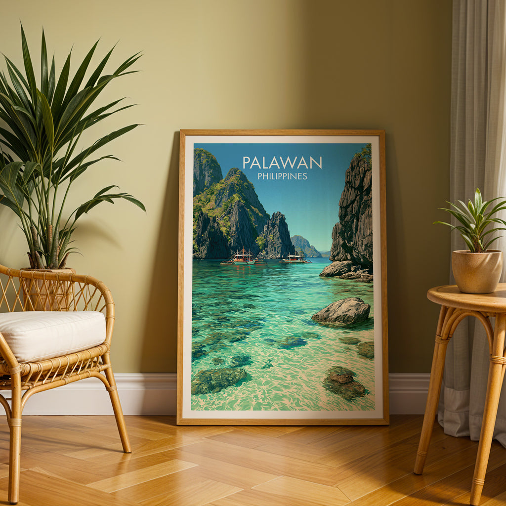 Large El Nido Palawan Philippines travel print in an oak frame leaning on a herringbone floor next to a rattan chair