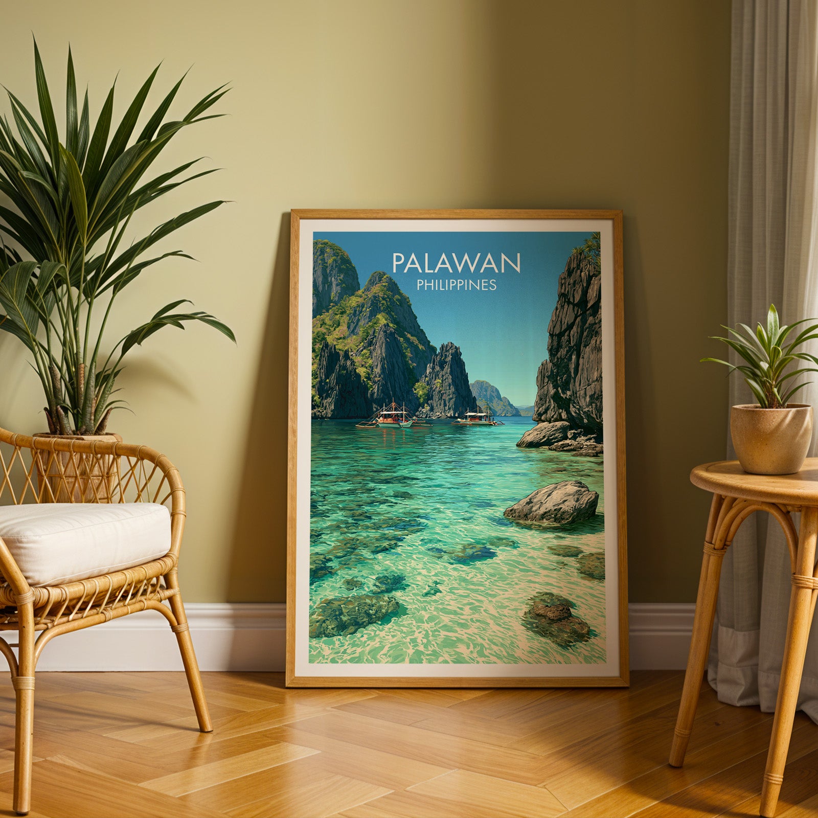 Large El Nido Palawan Philippines travel print in an oak frame leaning on a herringbone floor next to a rattan chair