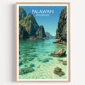 El Nido Palawan Philippines travel poster in a natural wood frame, shown against a clean white wall