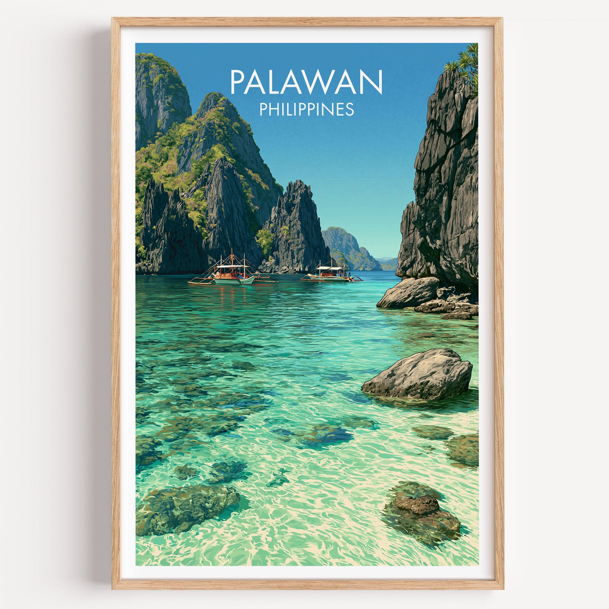 El Nido Palawan Philippines travel poster in a natural wood frame, shown against a clean white wall