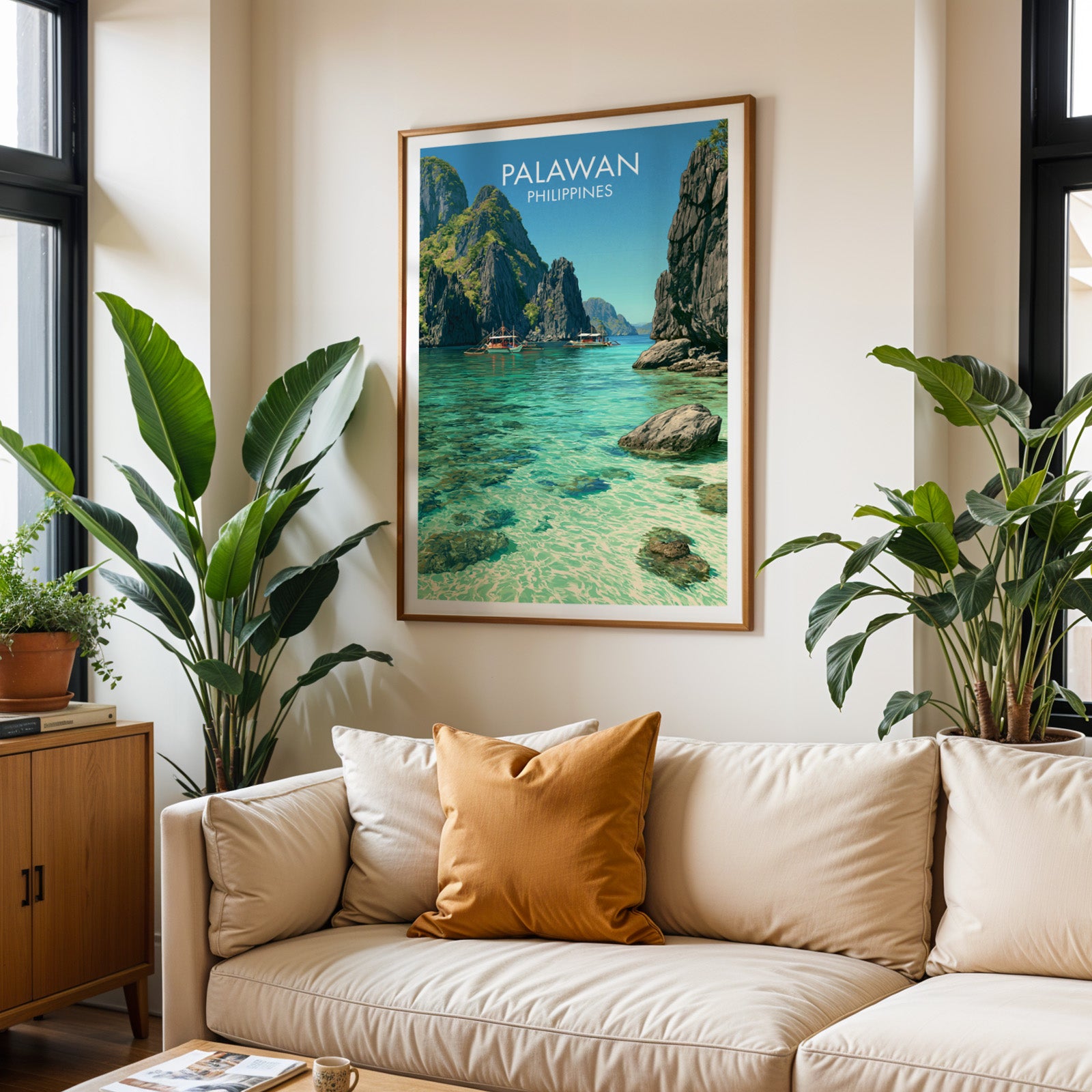 Framed El Nido Palawan Philippines wall art hanging above a cream sofa in a bright living room with tropical plants