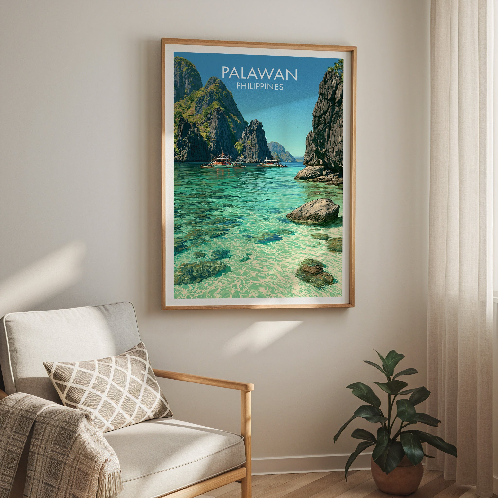 El Nido Palawan Philippines travel print in a light oak frame on a living room wall beside a linen armchair