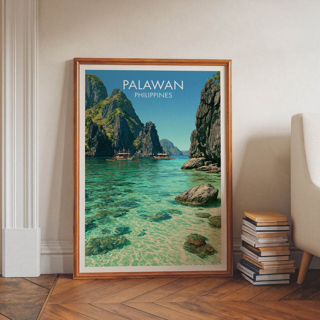 El Nido Palawan Philippines art print in a walnut frame leaning in a hallway beside stacked books