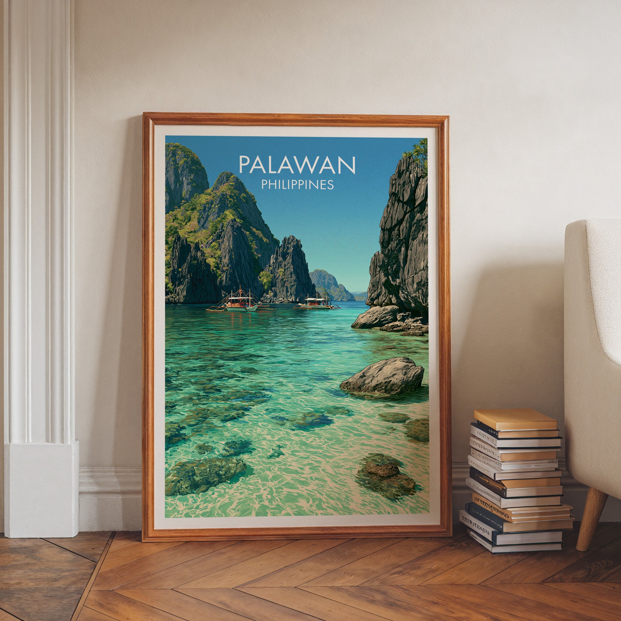 El Nido Palawan Philippines art print in a walnut frame leaning in a hallway beside stacked books
