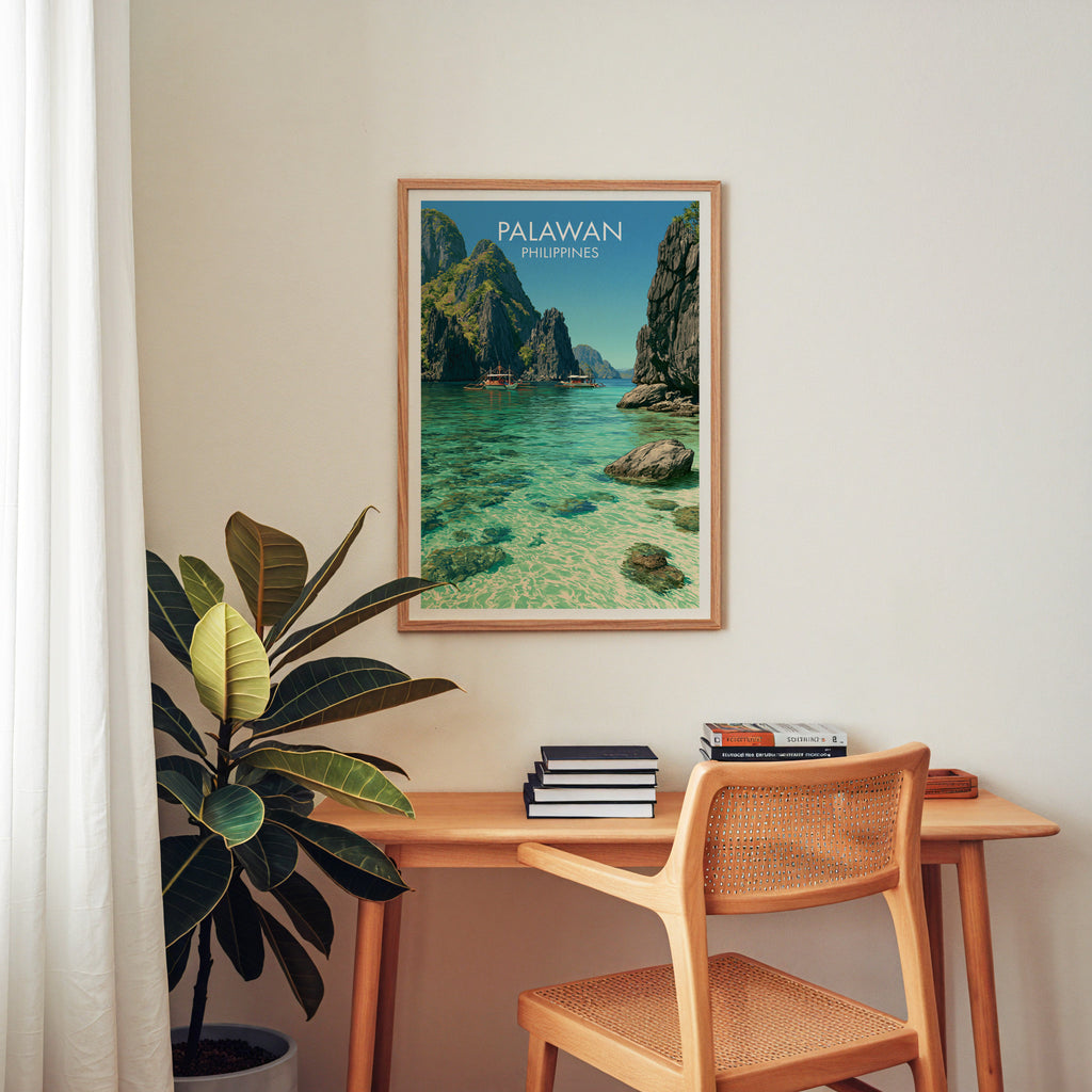 El Nido Palawan Philippines wall art above a wooden home office desk with a rattan chair and books