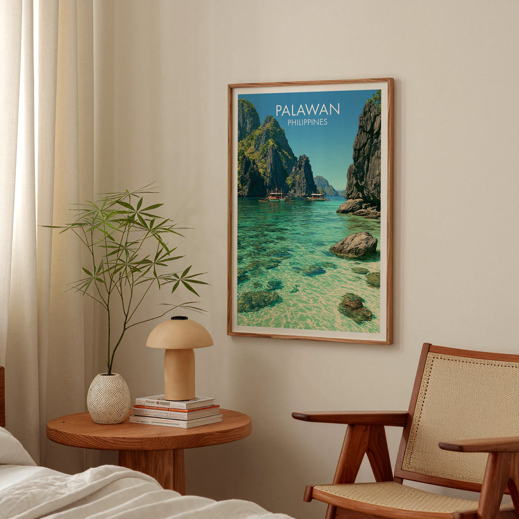 El Nido Palawan Philippines poster above a bedroom nightstand with a bamboo plant and mushroom lamp