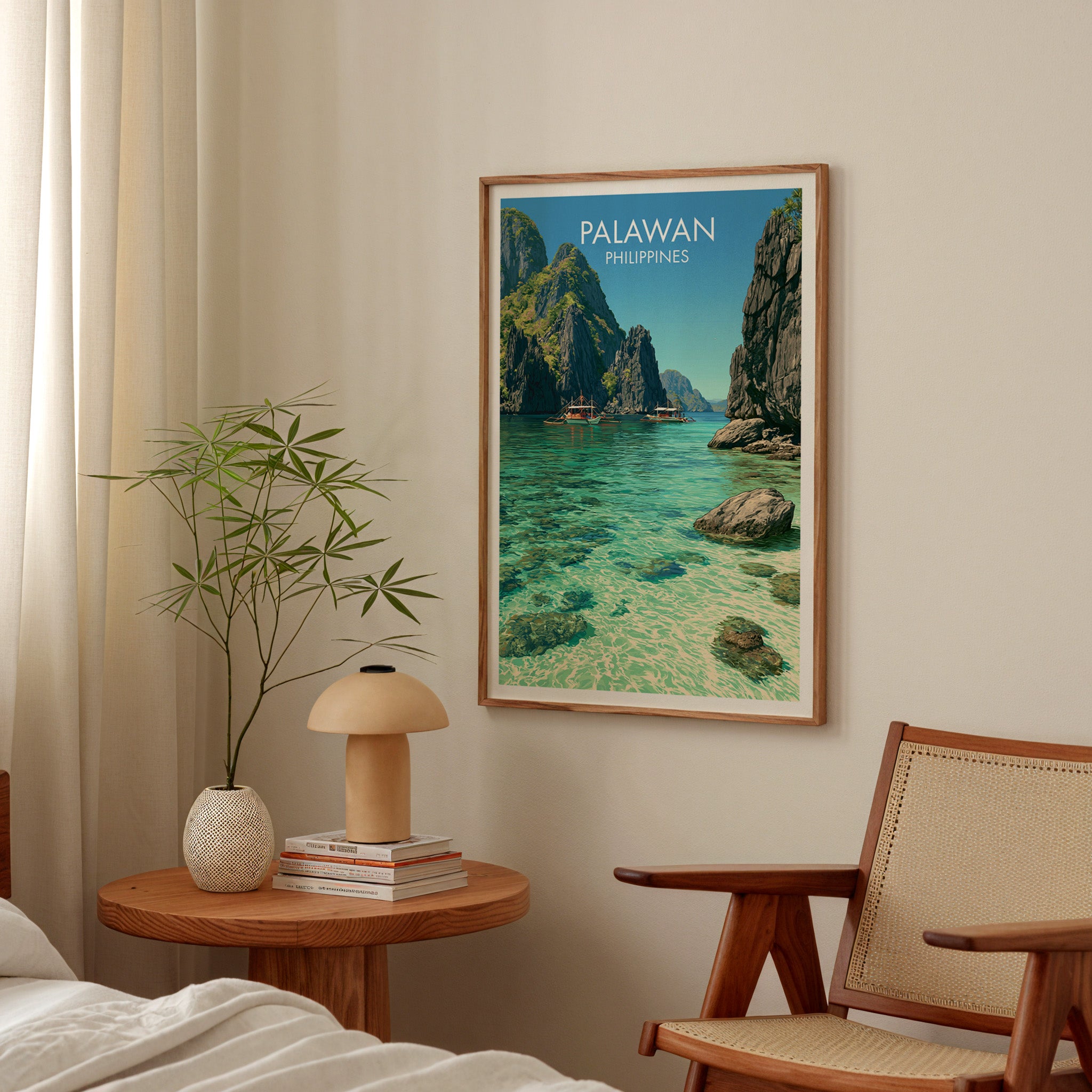 El Nido Palawan Philippines poster above a bedroom nightstand with a bamboo plant and mushroom lamp