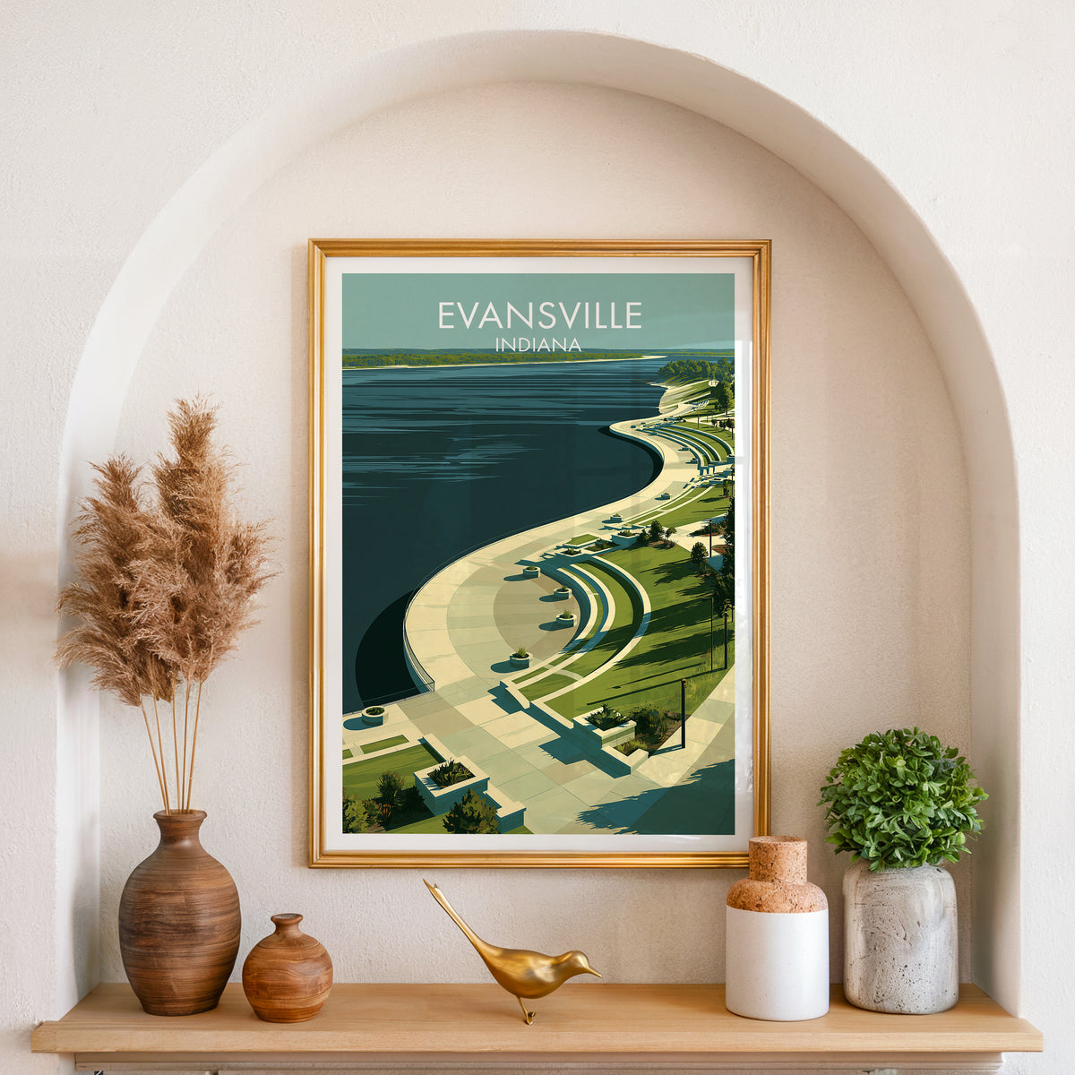 Evansville riverfront travel print in a gold frame in an arched niche with pampas grass