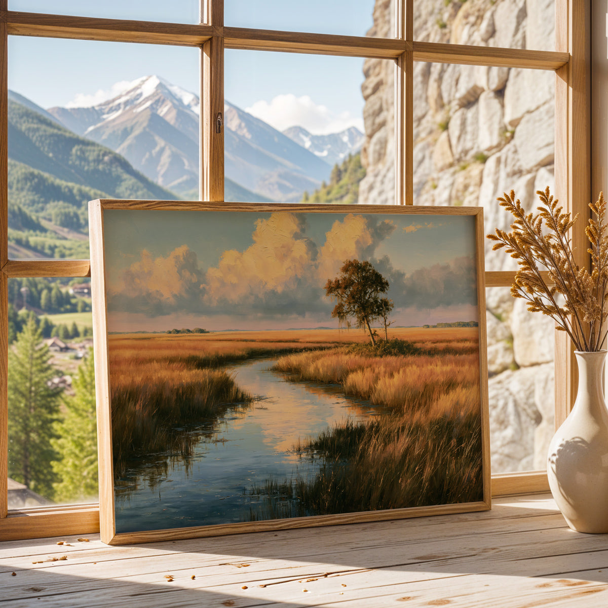 Everglades National Park framed print leaning on a sunlit windowsill with a mountain view
