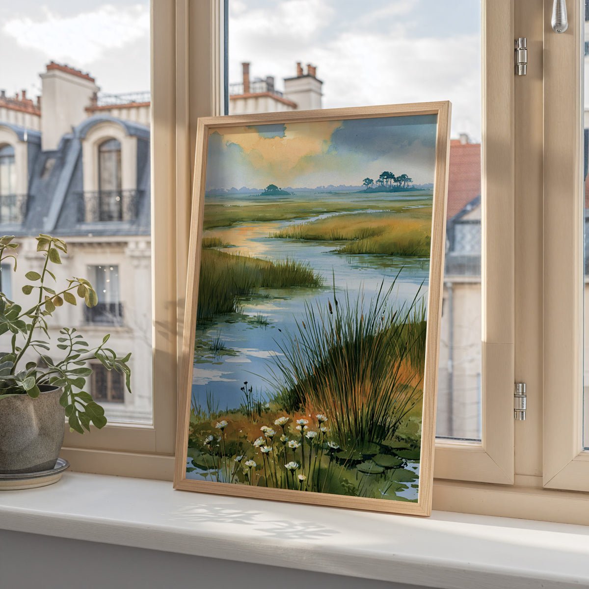 Everglades National Park watercolor art print in a wood frame on a windowsill overlooking city rooftops
