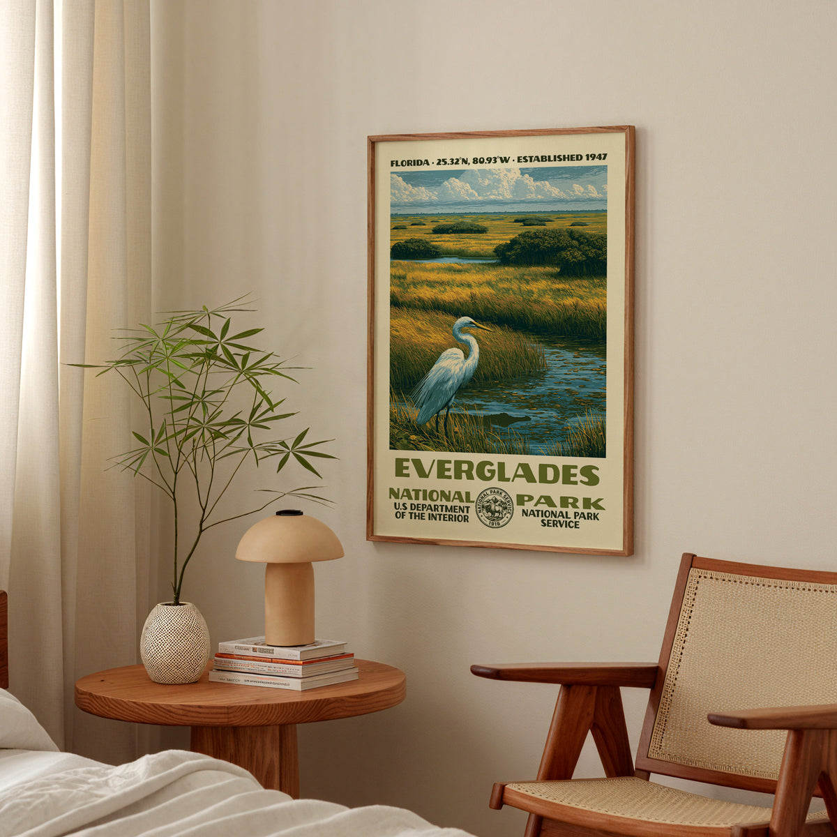 Everglades National Park vintage WPA print hanging above a side table in a calm bedroom corner