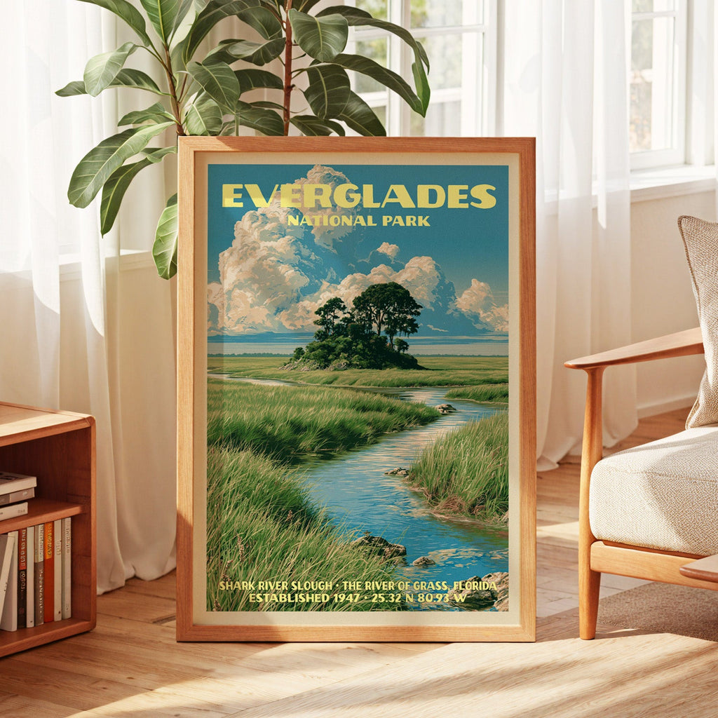 Everglades vintage poster in oak, leaning by a sunlit window with sheer curtains and a low bookshelf