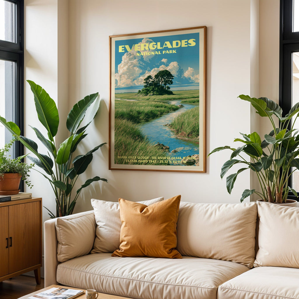 Everglades vintage travel print in oak above a cream sofa with a rust cushion and tall tropical plants