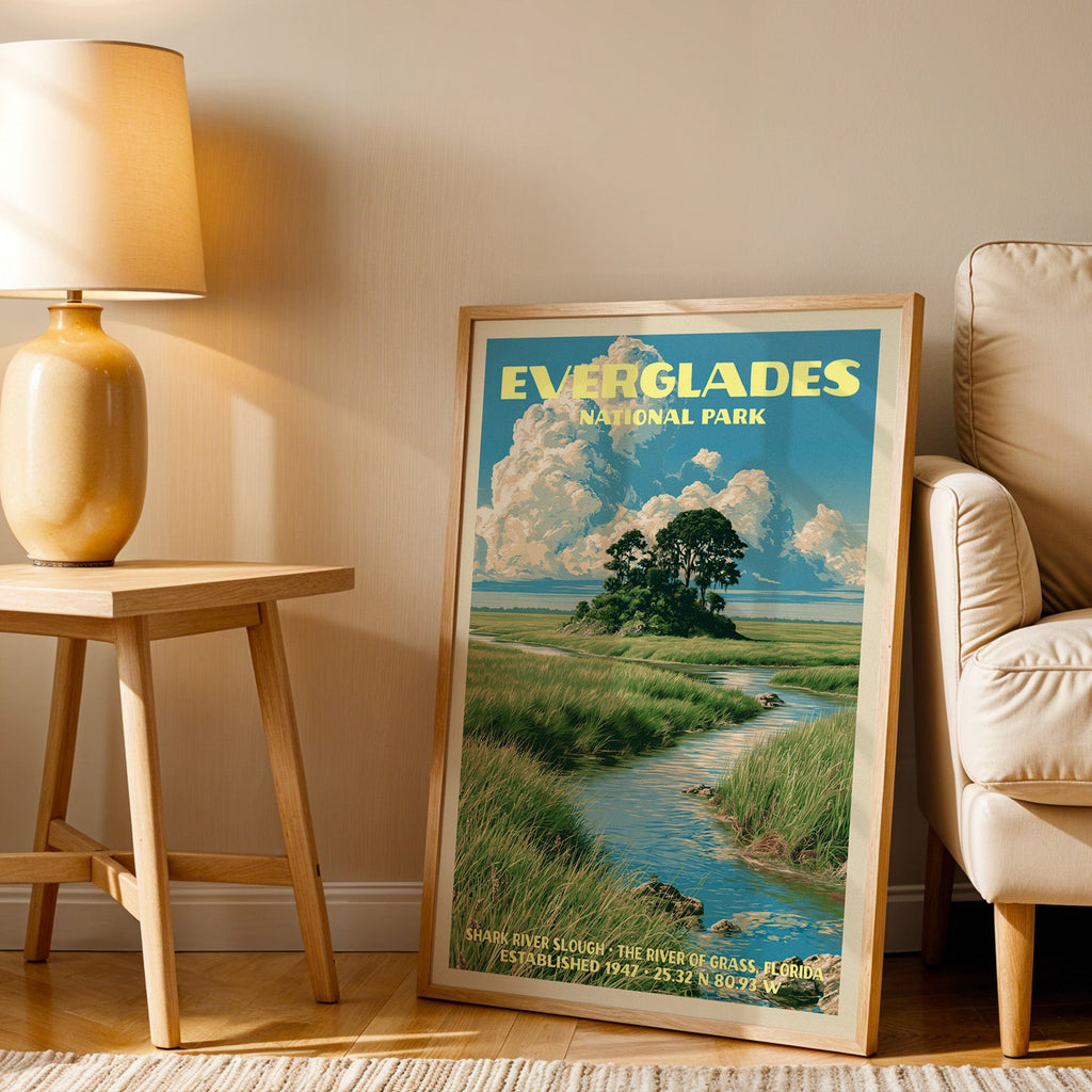 Shark River Slough Everglades wall art in oak, leaning by an armchair and a side table with an ochre lamp