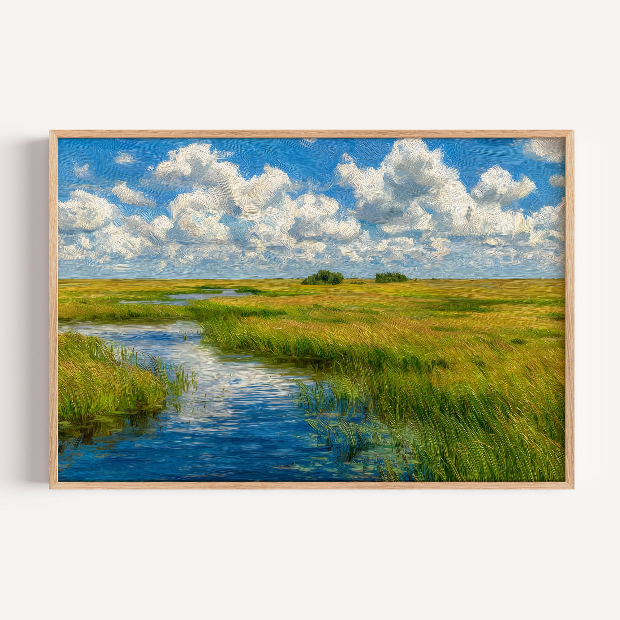 Everglades National Park oil painting print in a light oak frame: a waterway through sawgrass prairie