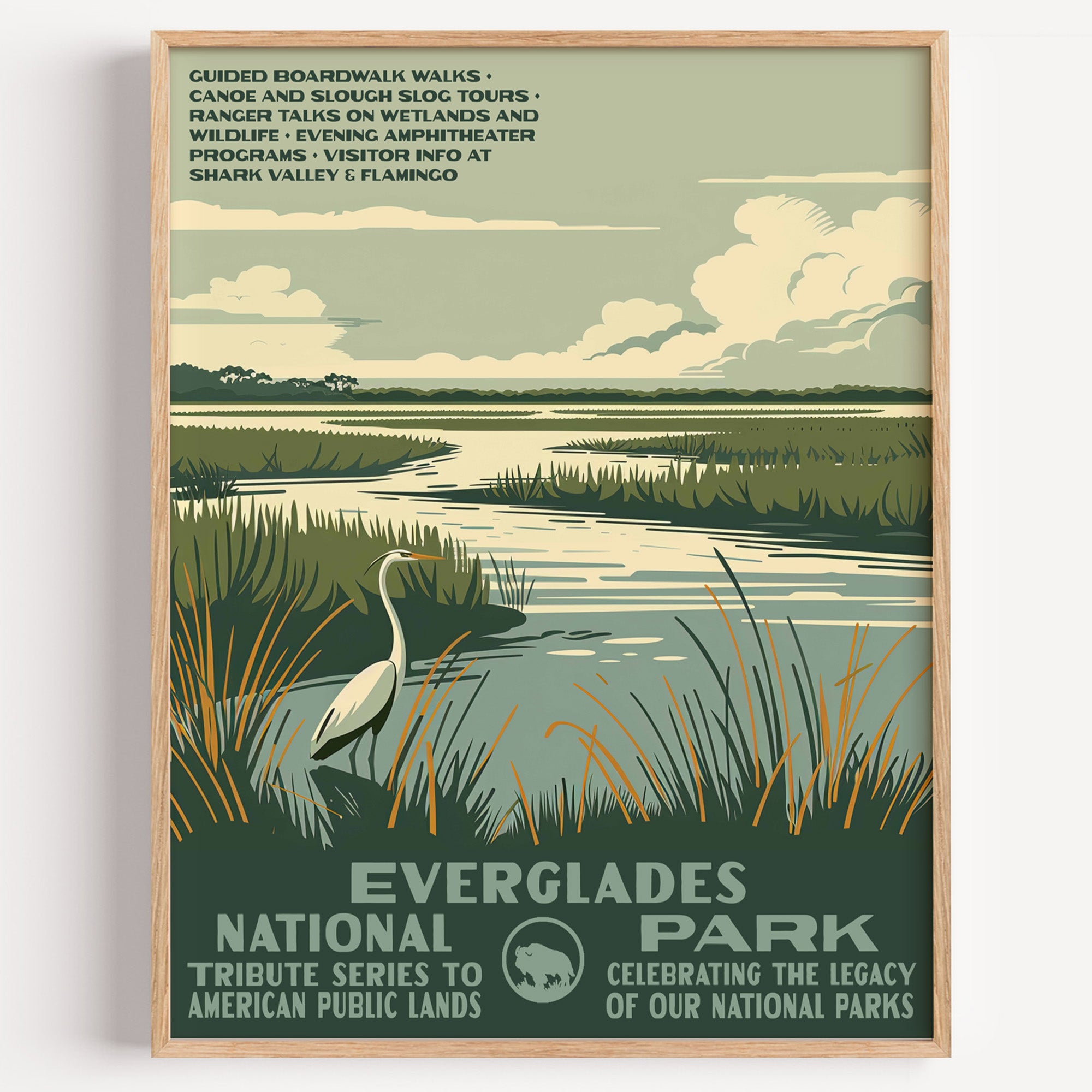 Everglades National Park wall art print in a thin wood frame, a white egret standing in the golden sawgrass marsh