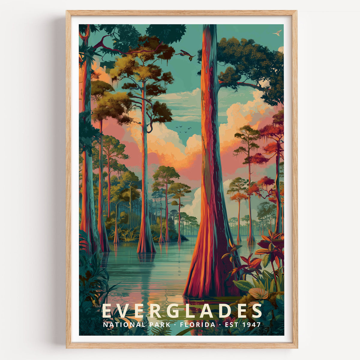 Everglades National Park retro travel poster — cypress trunks reflected in still sawgrass water at sunset, Florida