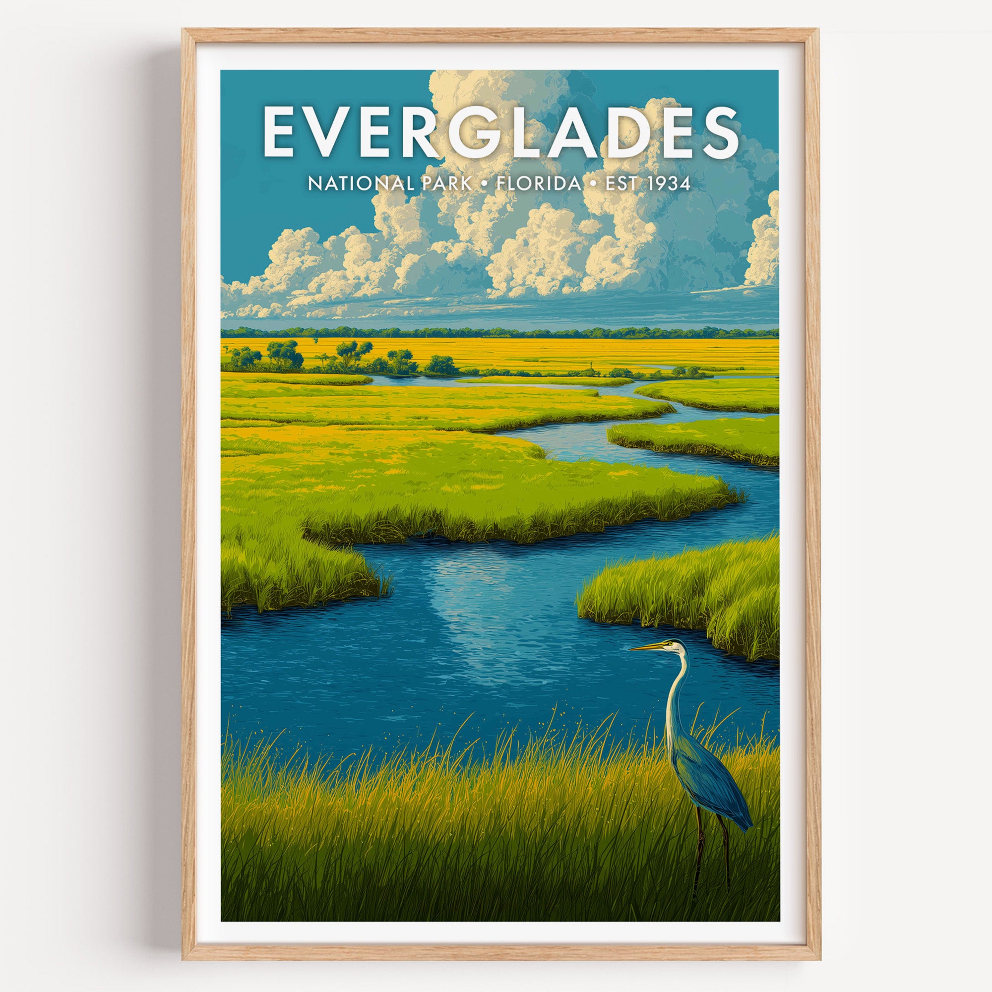 Everglades National Park mid-century modern art print — a slow blue slough winding through miles of sawgrass prairie