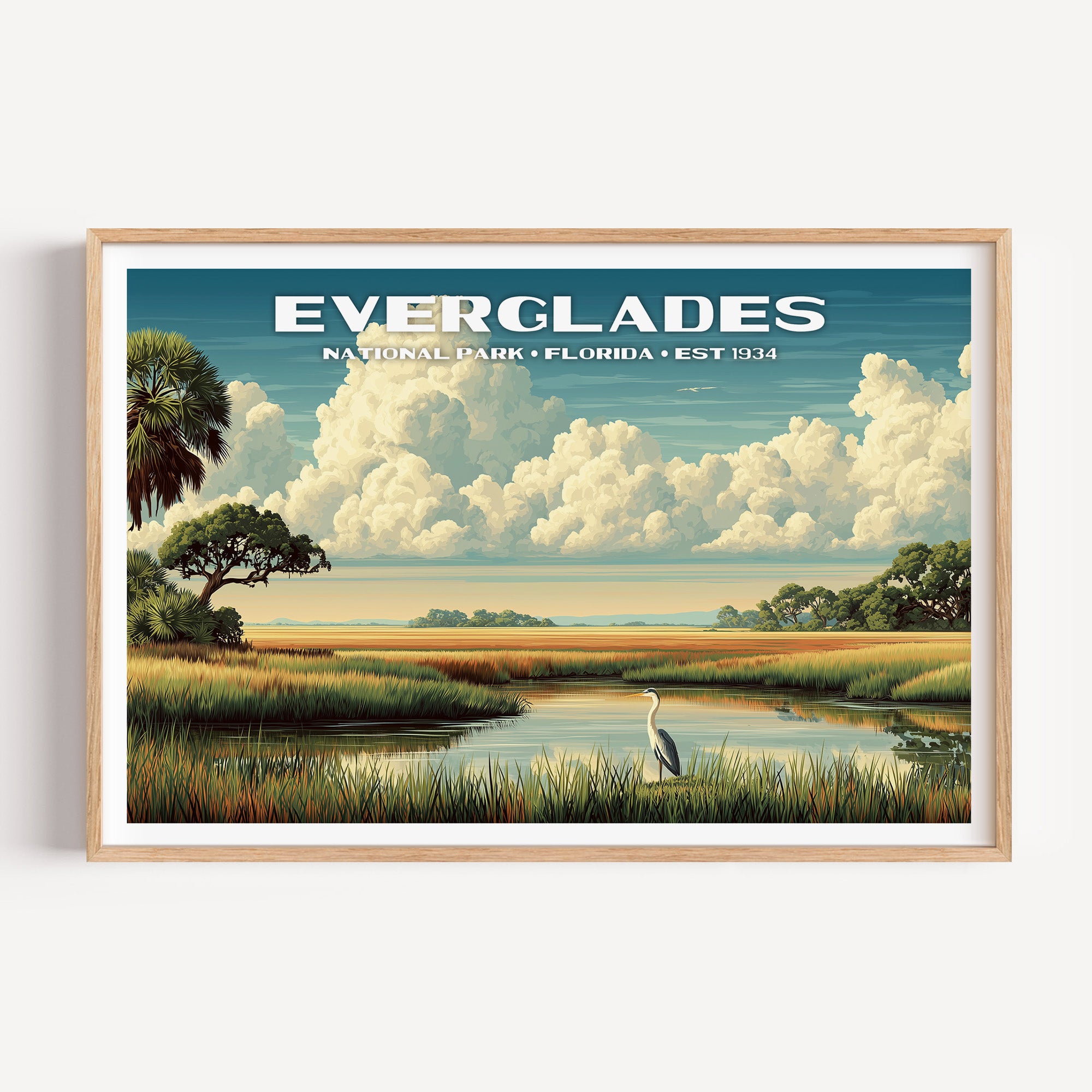 A great blue heron standing in a sawgrass slough below towering cumulus clouds — Everglades National Park vintage WPA travel poster print