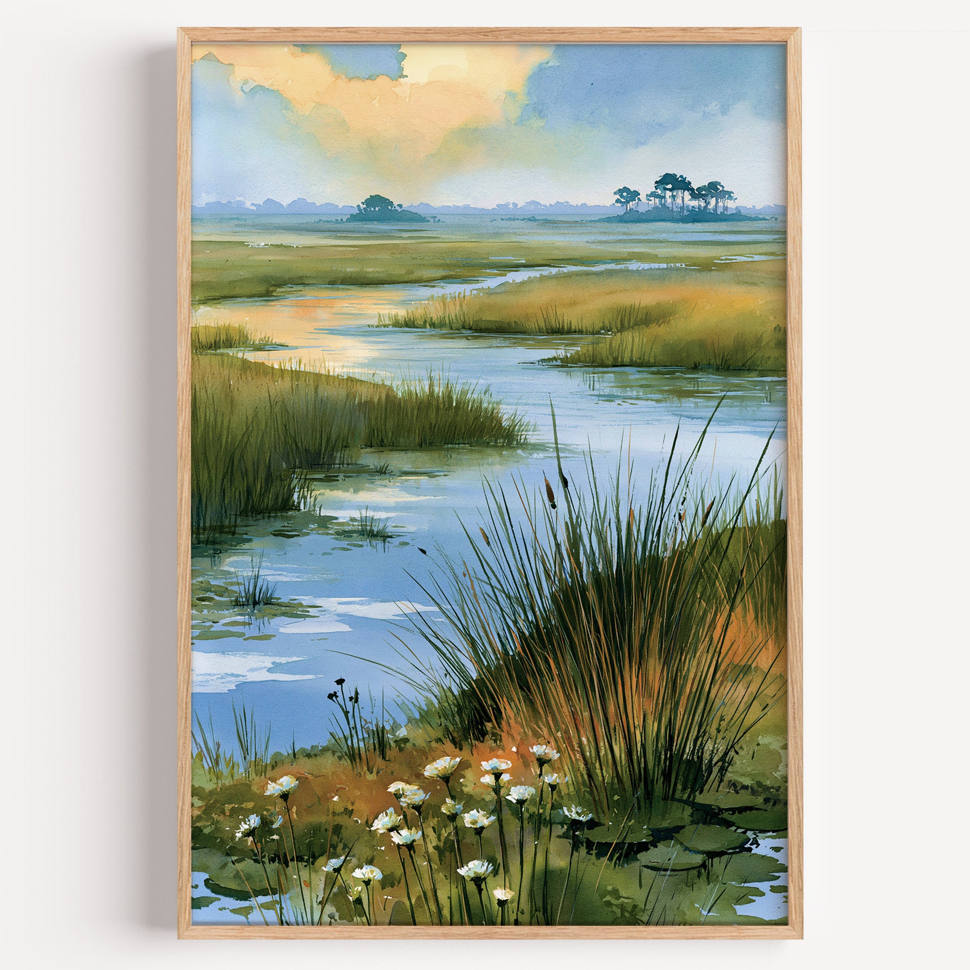 Everglades National Park watercolor art print: winding waterway through golden sawgrass prairie at sunrise