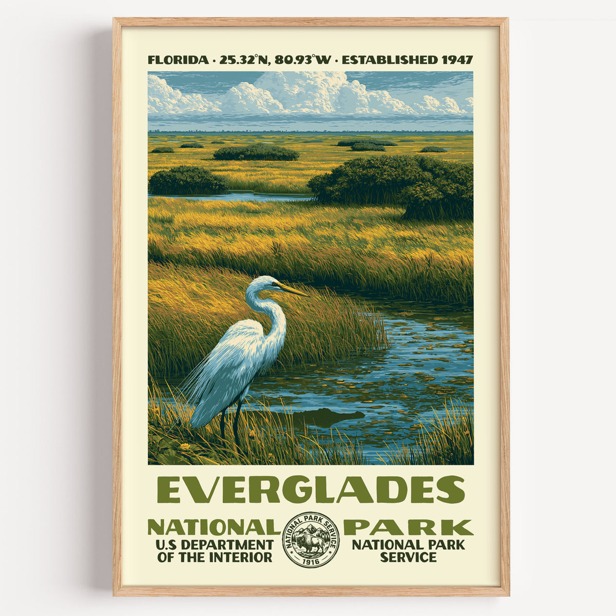 Everglades National Park vintage WPA poster in a wood frame, a great egret standing in golden sawgrass marsh