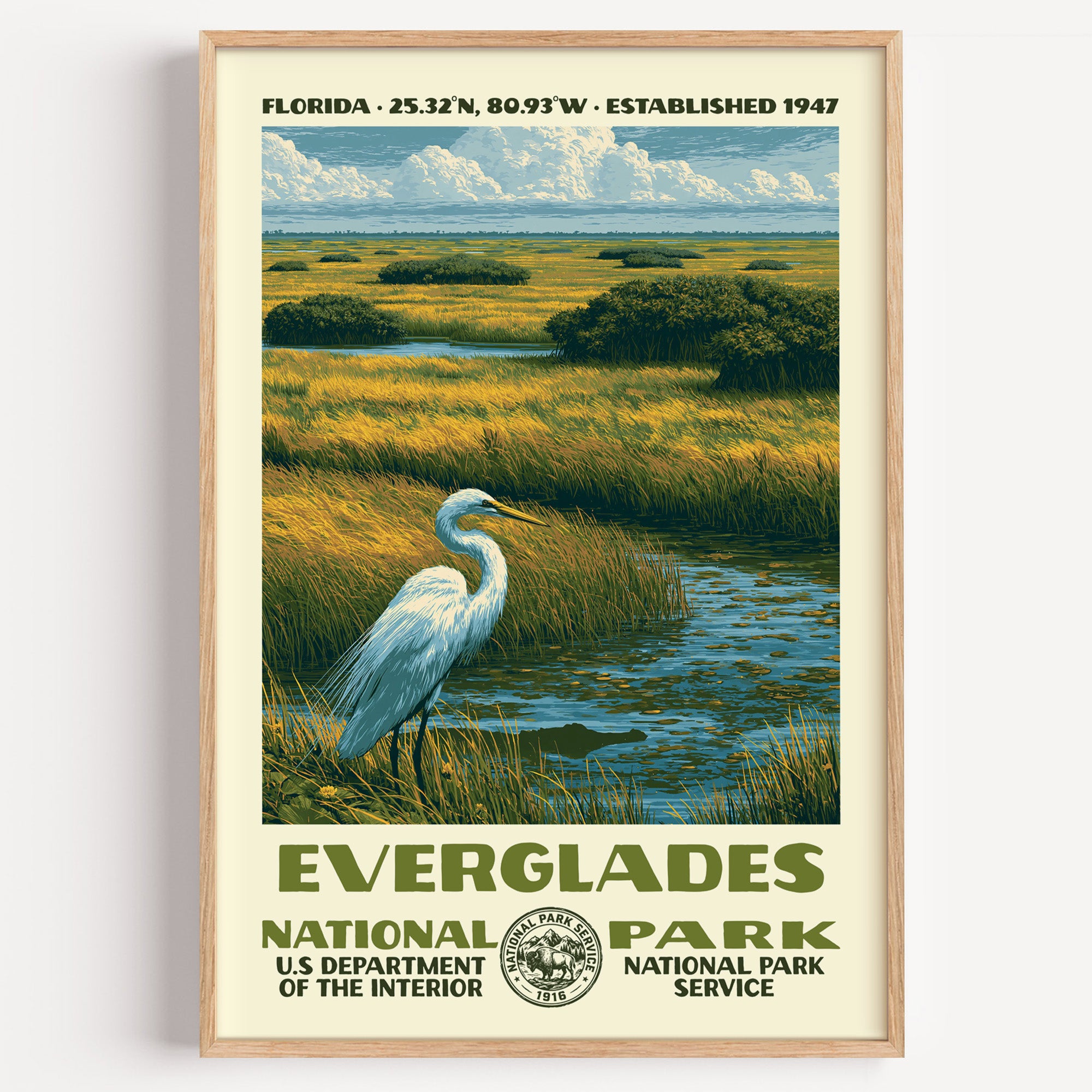 Everglades National Park vintage WPA poster in a wood frame, a great egret standing in golden sawgrass marsh