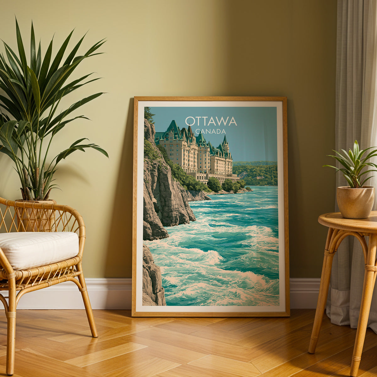 Chateau Laurier Ottawa poster in an oak frame on parquet beside a rattan armchair and palm
