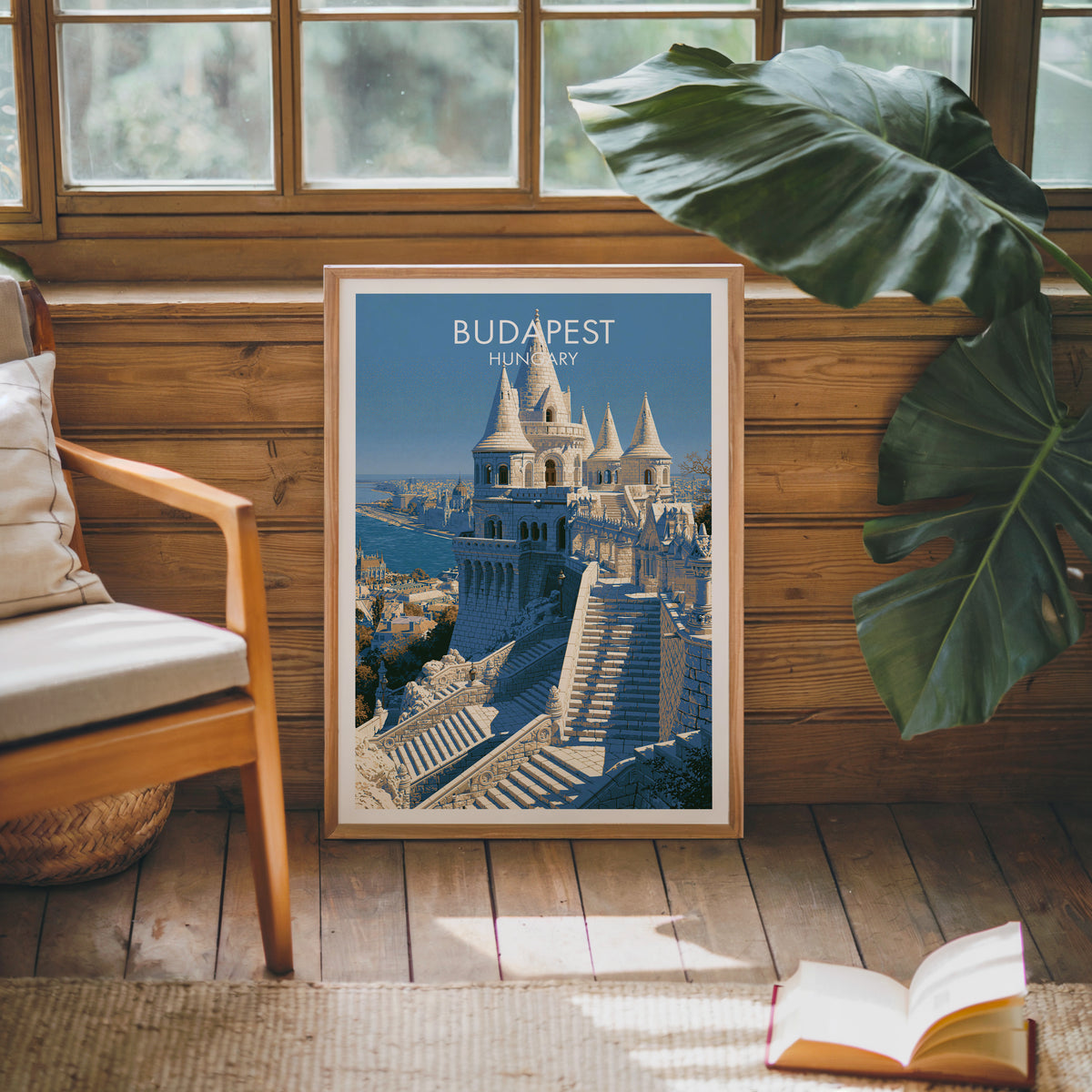 Fisherman's Bastion poster, oak frame leaning on a wood-panelled sunroom wall by a mid-century armchair