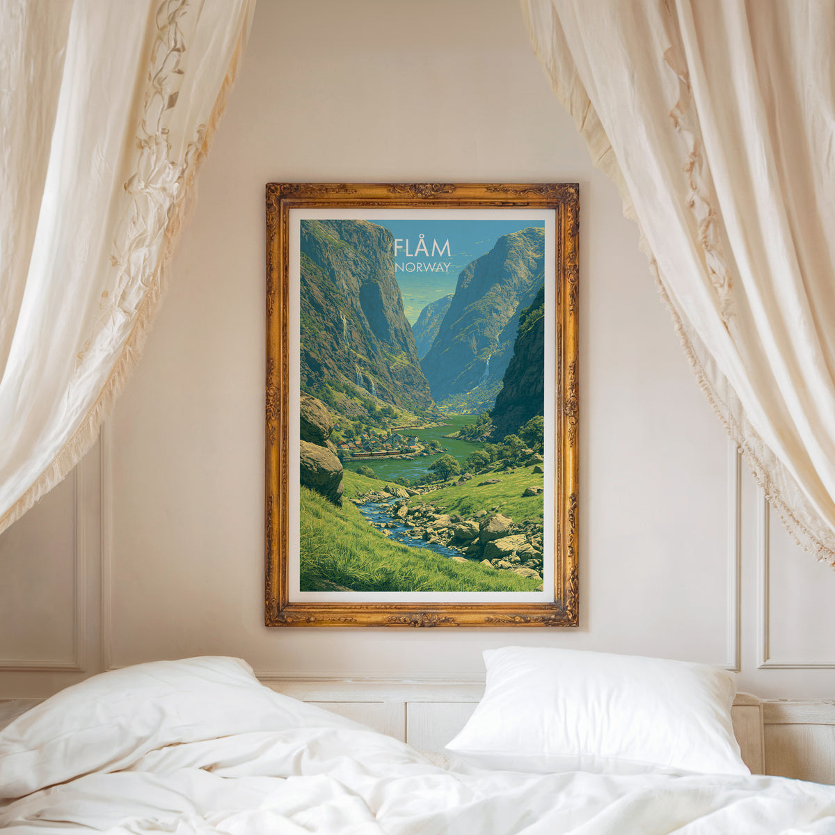 Flåm travel poster, ornate gold frame above a white bed with linen canopy curtains