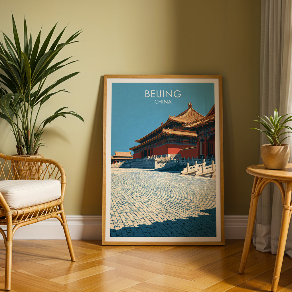 Large Forbidden City Beijing China travel print in an oak frame leaning on a herringbone floor next to a rattan chair