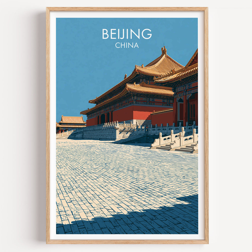 Forbidden City Beijing China travel poster in a natural wood frame, shown against a clean white wall