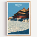 Forbidden City Beijing China travel poster in a natural wood frame, shown against a clean white wall