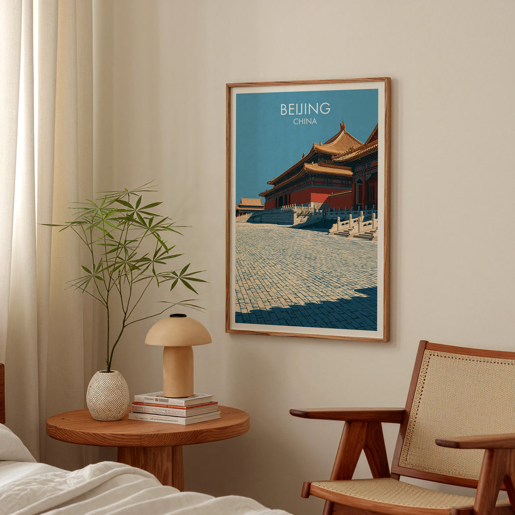 Forbidden City Beijing China poster above a bedroom nightstand with a bamboo plant and mushroom lamp