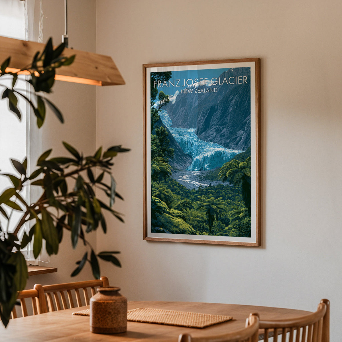 Rainforest and ice poster in oak above an oak dining table with spindle chairs and a wood pendant