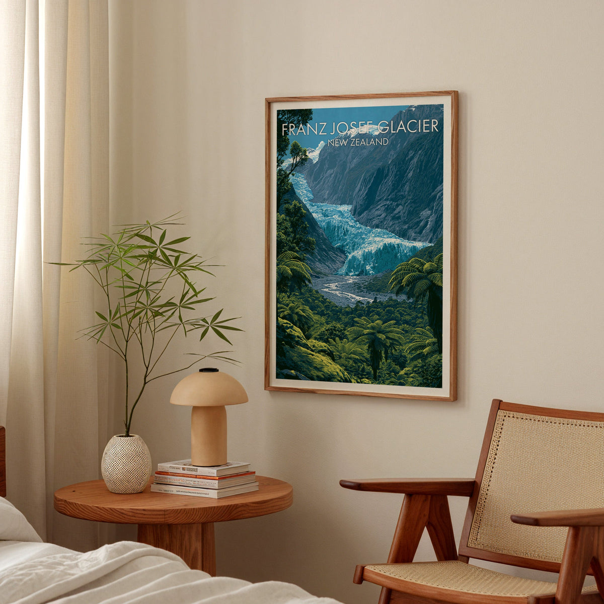 Tree fern and ice art in oak above a bedside table with a mushroom lamp and bamboo stems in a vase