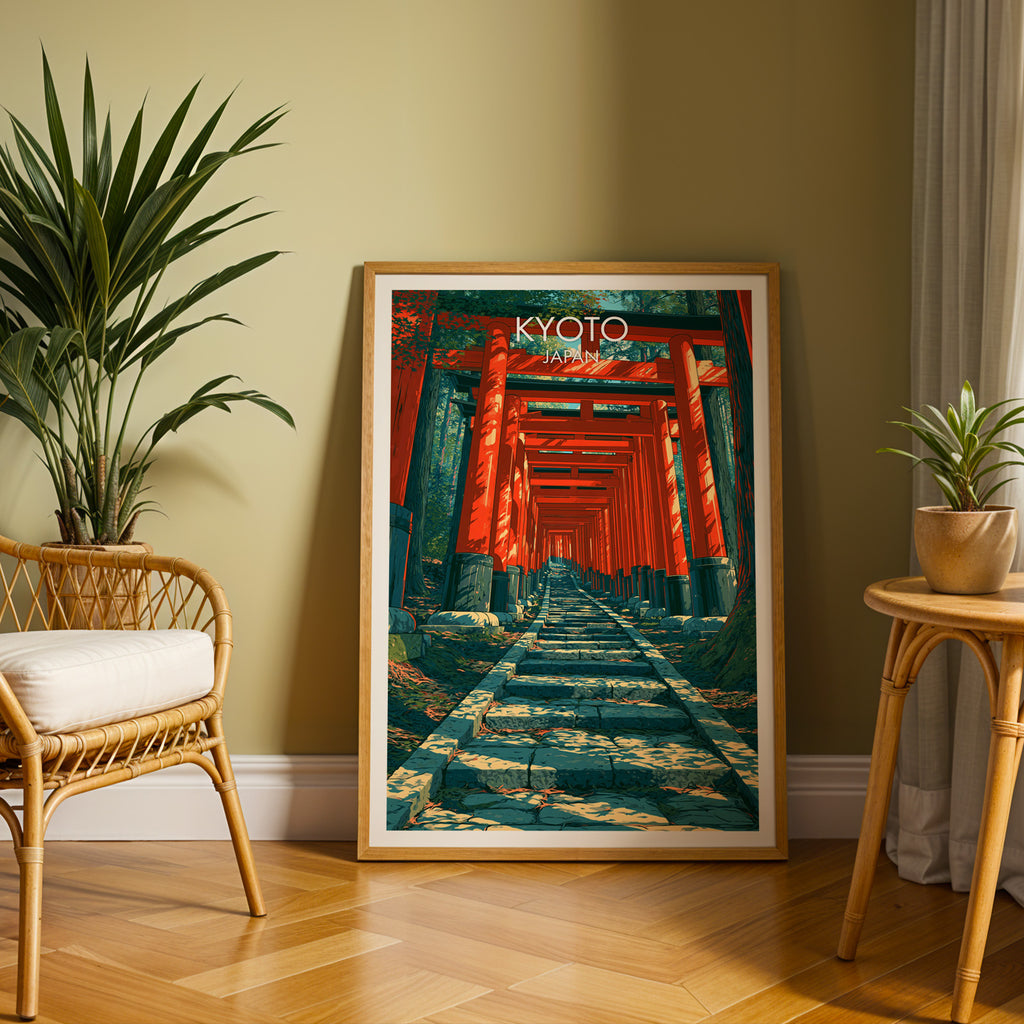 Large Fushimi Inari Kyoto Japan travel print in an oak frame leaning on a herringbone floor next to a rattan chair