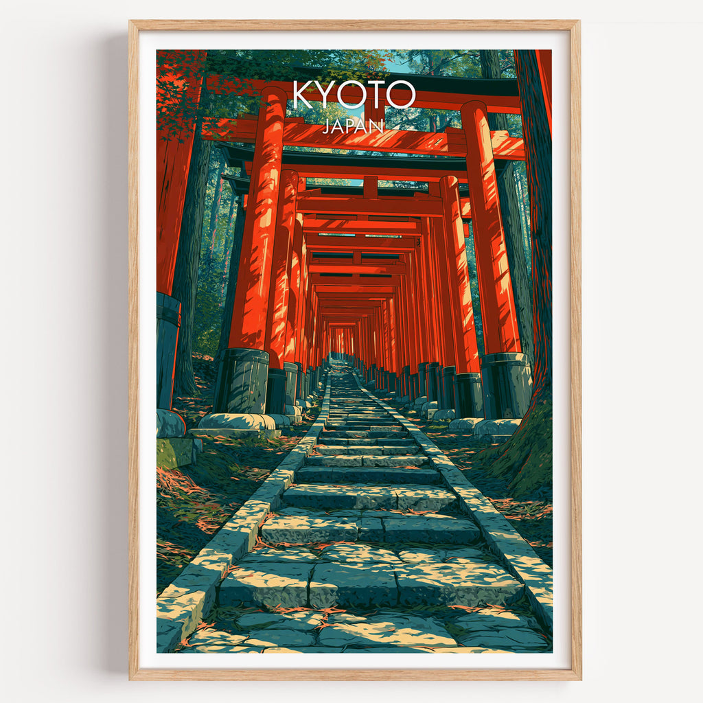 Fushimi Inari Kyoto Japan travel poster in a natural wood frame, shown against a clean white wall