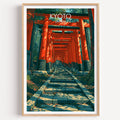 Fushimi Inari Kyoto Japan travel poster in a natural wood frame, shown against a clean white wall