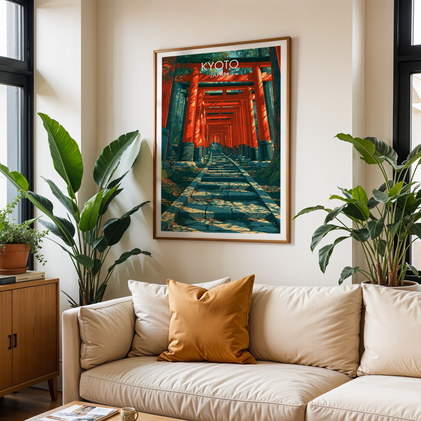 Framed Fushimi Inari Kyoto Japan wall art hanging above a cream sofa in a bright living room with tropical plants