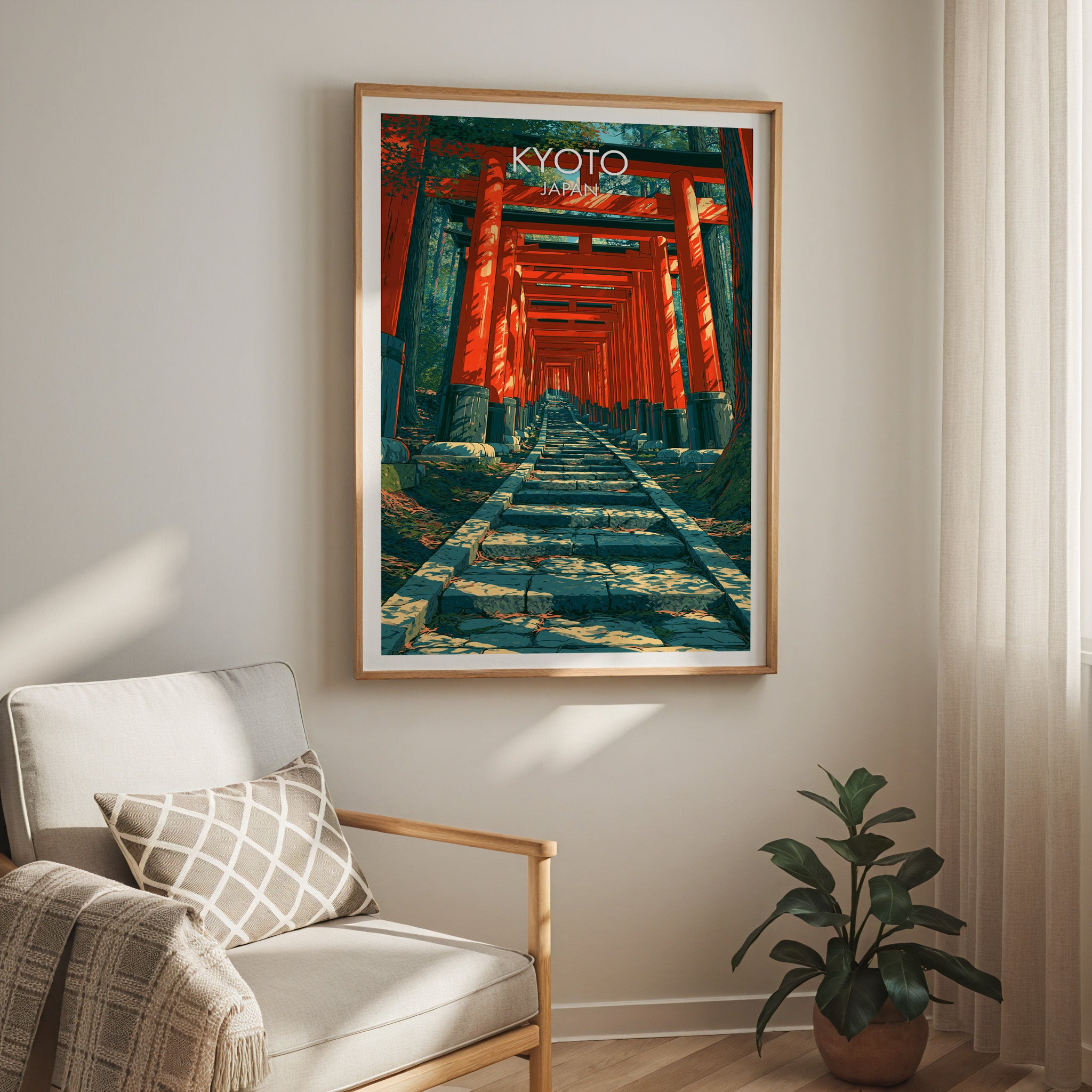 Fushimi Inari Kyoto Japan travel print in a light oak frame on a living room wall beside a linen armchair