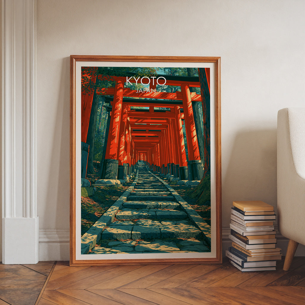 Fushimi Inari Kyoto Japan art print in a walnut frame leaning in a hallway beside stacked books