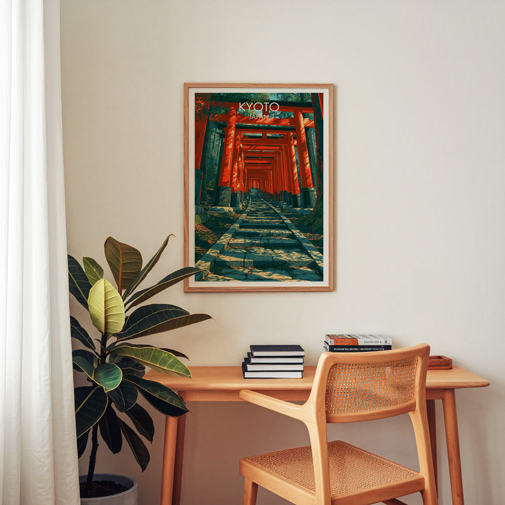 Fushimi Inari Kyoto Japan wall art above a wooden home office desk with a rattan chair and books