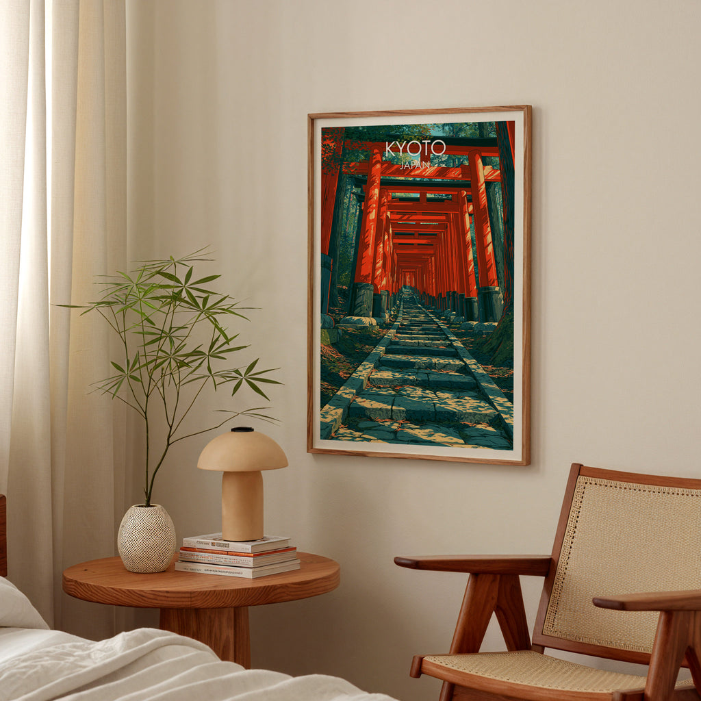 Fushimi Inari Kyoto Japan poster above a bedroom nightstand with a bamboo plant and mushroom lamp