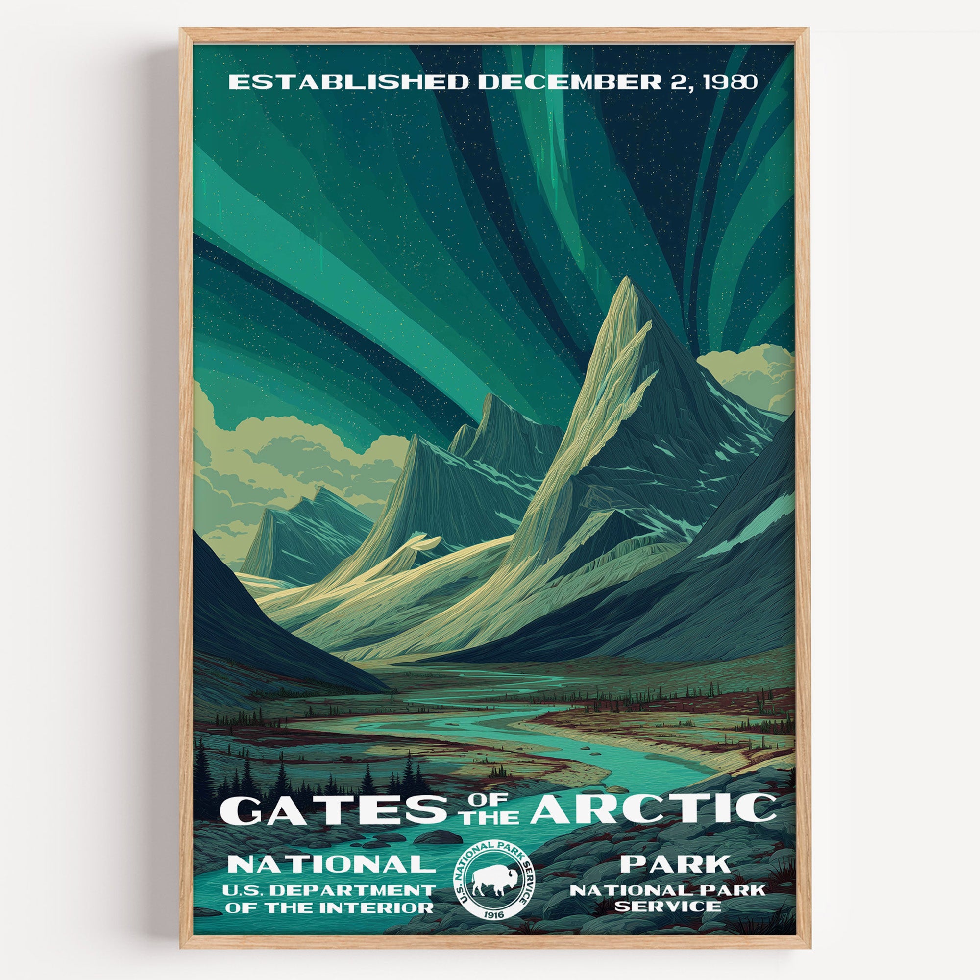 Gates of the Arctic National Park vintage travel poster in a wood frame, green aurora rippling over sharp arctic peaks