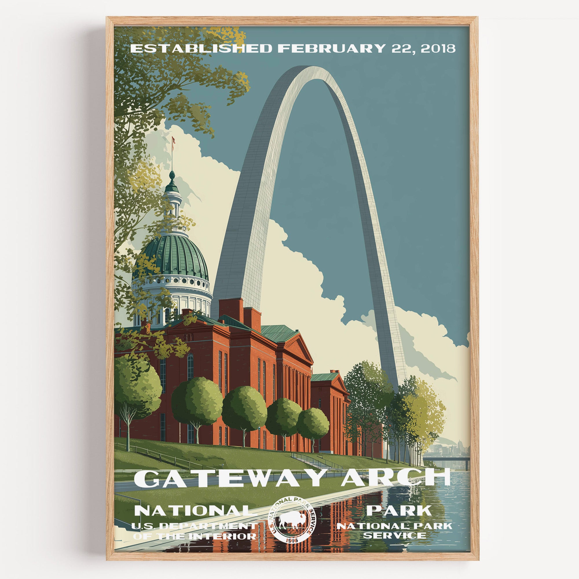Gateway Arch National Park vintage travel poster in a wood frame, the stainless steel Arch rising behind the Old Courthouse