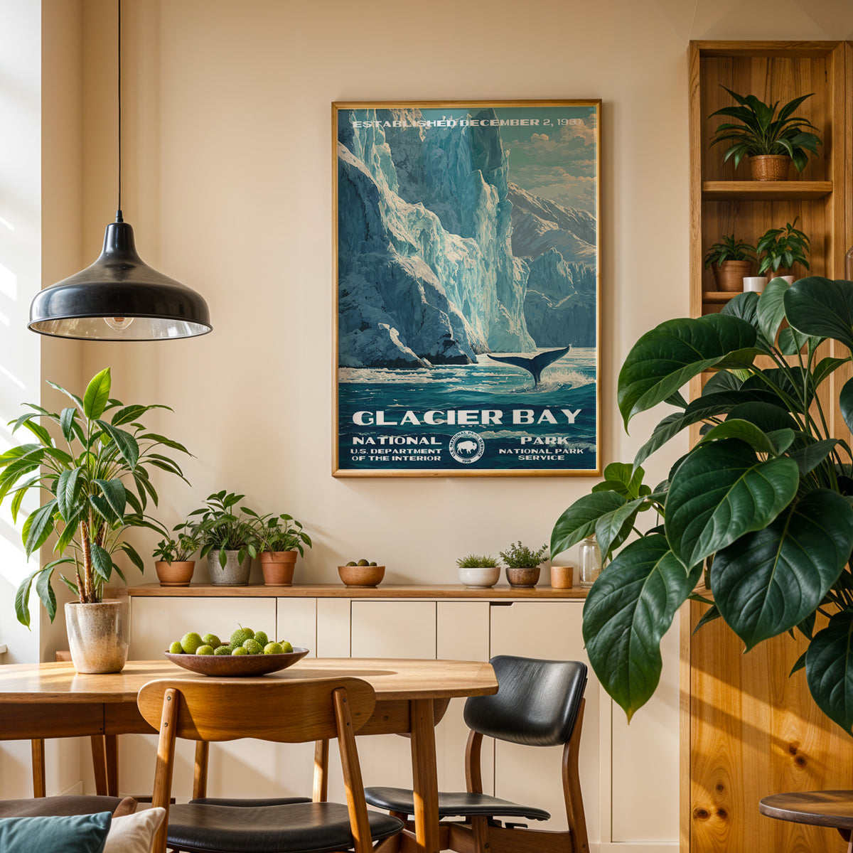 Glacier Bay National Park retro poster hung above a dining table under a black pendant lamp