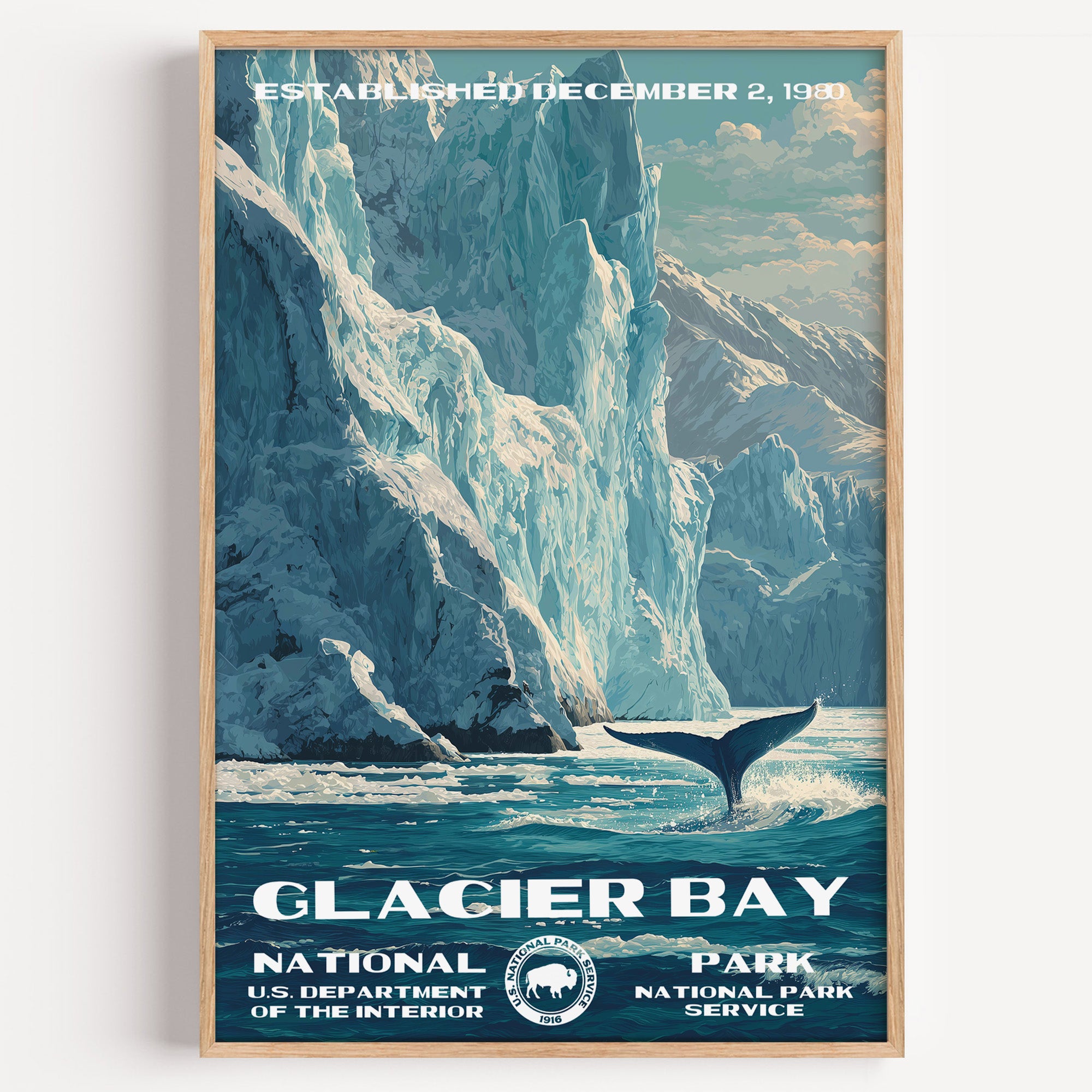 Glacier Bay National Park vintage travel poster in a wood frame, a whale tail beside a towering blue tidewater glacier