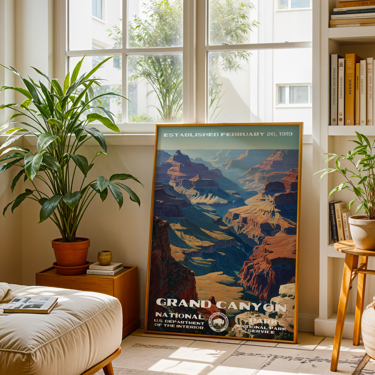 Grand Canyon National Park travel print leaning on a bench by a sunny window and bookshelves
